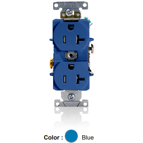 Leviton T5362-BU, Tamper-Resistant Standard Straight Blade Duplex Receptacle, Heavy-Duty Industrial Specification Grade, Smooth Face, 20A 125V, NEMA 5-20R, 2-Pole, 3-Wire, Self-Grounding, Back and Side Wire, Blue