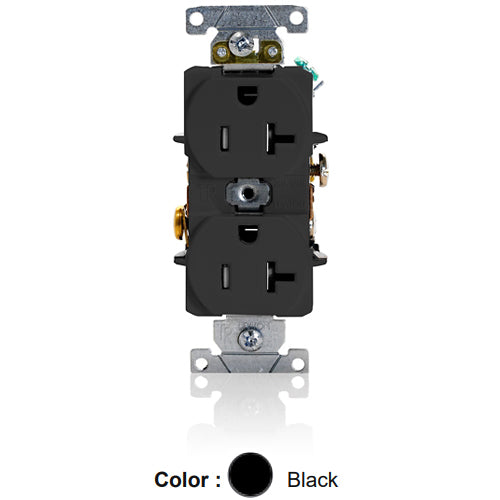 Leviton T5362-E, Tamper-Resistant Standard Straight Blade Duplex Receptacle, Heavy-Duty Industrial Specification Grade, Smooth Face, 20A 125V, NEMA 5-20R, 2-Pole, 3-Wire, Self-Grounding, Back and Side Wire, Black