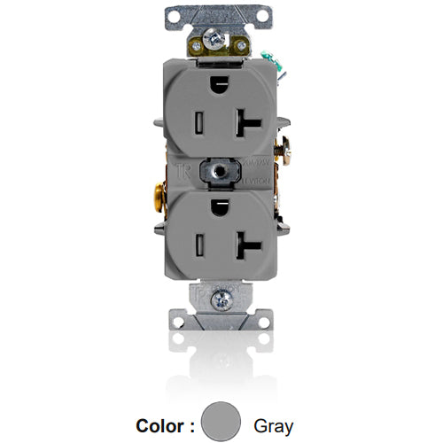 Leviton T5362-GY, Tamper-Resistant Standard Straight Blade Duplex Receptacle, Heavy-Duty Industrial Specification Grade, Smooth Face, 20A 125V, NEMA 5-20R, 2-Pole, 3-Wire, Self-Grounding, Back and Side Wire, Gray