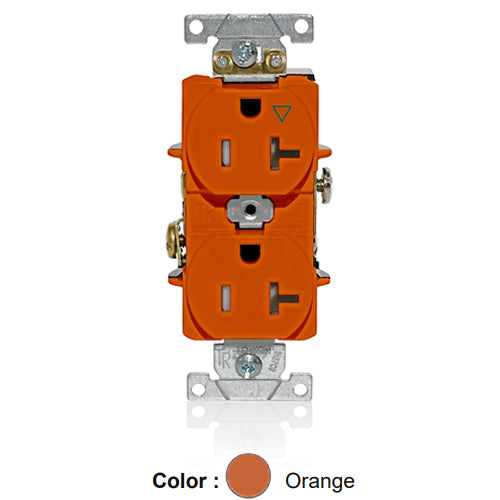Leviton T5362-IG, Tamper-Resistant Standard Straight Blade Duplex Receptacle, Heavy-Duty Industrial Specification Grade, Smooth Face, Isolated Ground, 20A 125V, NEMA 5-20R, 2-Pole, 3-Wire, Back and Side Wire, Orange
