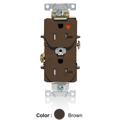 Leviton T5362-IGB, Tamper-Resistant Standard Straight Blade Duplex Receptacle, Heavy-Duty Industrial Specification Grade, Smooth Face, Isolated Ground, 20A 125V, NEMA 5-20R, 2-Pole, 3-Wire, Back and Side Wire, Brown