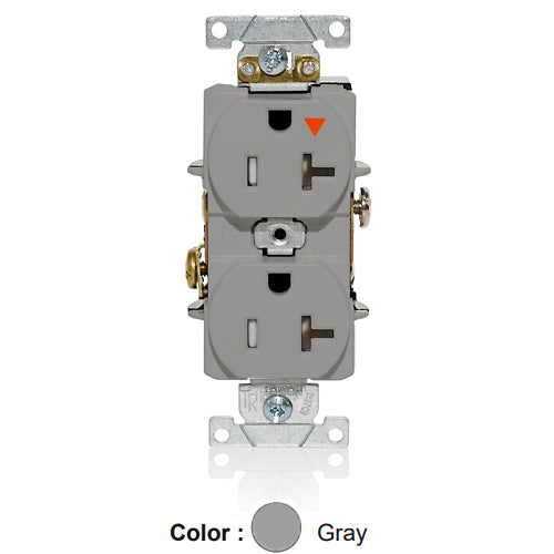 Leviton T5362-IGG, Tamper-Resistant Standard Straight Blade Duplex Receptacle, Heavy-Duty Industrial Specification Grade, Smooth Face, Isolated Ground, 20A 125V, NEMA 5-20R, 2-Pole, 3-Wire, Back and Side Wire, Gray