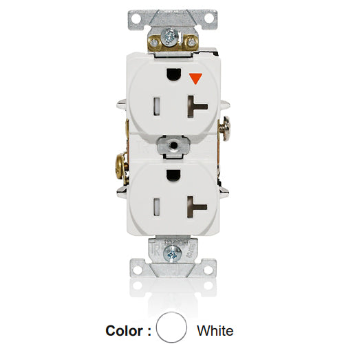 Leviton T5362-IGW, Tamper-Resistant Standard Straight Blade Duplex Receptacle, Heavy-Duty Industrial Specification Grade, Smooth Face, Isolated Ground, 20A 125V, NEMA 5-20R, 2-Pole, 3-Wire, Back and Side Wire, White