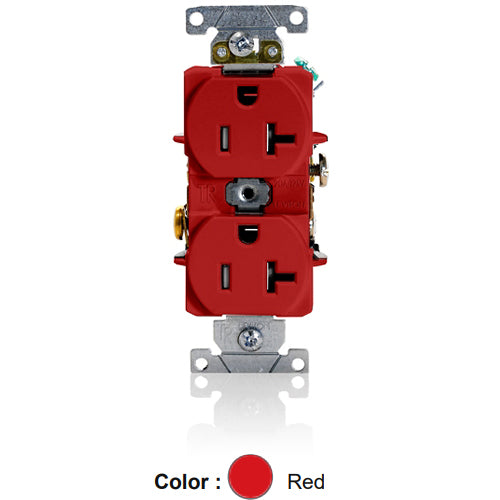 Leviton T5362-R, Tamper-Resistant Standard Straight Blade Duplex Receptacle, Heavy-Duty Industrial Specification Grade, Smooth Face, 20A 125V, NEMA 5-20R, 2-Pole, 3-Wire, Self-Grounding, Back and Side Wire, Red