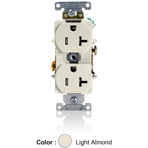 Leviton T5362-T, Tamper-Resistant Standard Straight Blade Duplex Receptacle, Heavy-Duty Industrial Specification Grade, Smooth Face, 20A 125V, NEMA 5-20R, 2-Pole, 3-Wire, Self-Grounding, Back and Side Wire, Light Almond