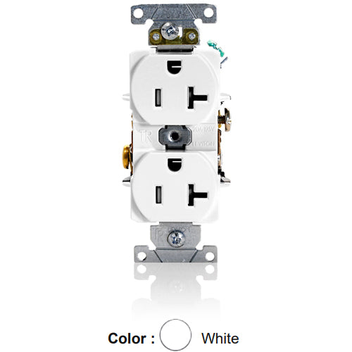 Leviton T5362-W, Tamper-Resistant Standard Straight Blade Duplex Receptacle, Heavy-Duty Industrial Specification Grade, Smooth Face, 20A 125V, NEMA 5-20R, 2-Pole, 3-Wire, Self-Grounding, Back and Side Wire, White