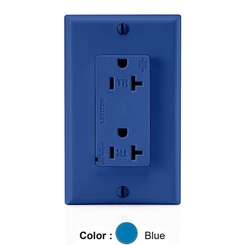 Leviton T5380-B, Decora Plus Surge Protective Duplex Receptacle, Commercial Specification Grade, Tamper-Resistant, Indicator Light, 20A 125V, NEMA 5-20R, 2-Pole, 3-Wire, Back and Side Wire, Blue