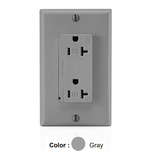 Leviton T5380-GY, Decora Plus Surge Protective Duplex Receptacle, Commercial Specification Grade, Tamper-Resistant, Indicator Light, 20A 125V, NEMA 5-20R, 2-Pole, 3-Wire, Back and Side Wire, Gray