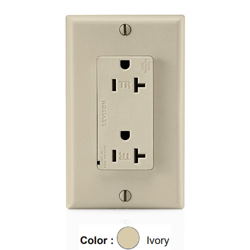 Leviton T5380-I, Decora Plus Surge Protective Duplex Receptacle, Commercial Specification Grade, Tamper-Resistant, Indicator Light, 20A 125V, NEMA 5-20R, 2-Pole, 3-Wire, Back and Side Wire, Ivory