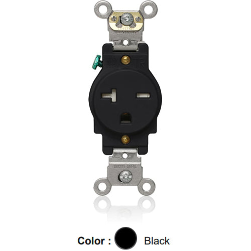 Leviton T5461-E, Tamper-Resistant Standard Straight Blade Single Receptacle, Heavy-Duty Industrial Specification Grade, Smooth Face, 20A 250V, NEMA 6-20R, 2-Pole, 3-Wire, Back and Side Wire, Black