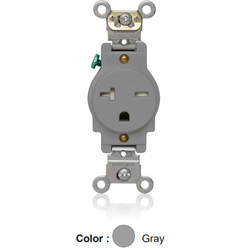 Leviton T5461-GY, Tamper-Resistant Standard Straight Blade Single Receptacle, Heavy-Duty Industrial Specification Grade, Smooth Face, 20A 250V, NEMA 6-20R, 2-Pole, 3-Wire, Back and Side Wire, Gray