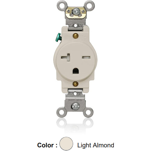 Leviton T5461-T, Tamper-Resistant Standard Straight Blade Single Receptacle, Heavy-Duty Industrial Specification Grade, Smooth Face, 20A 250V, NEMA 6-20R, 2-Pole, 3-Wire, Back and Side Wire, Light Almond