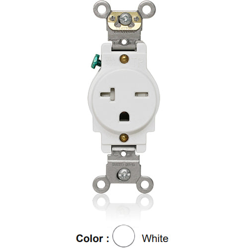 Leviton T5461-W, Tamper-Resistant Standard Straight Blade Single Receptacle, Heavy-Duty Industrial Specification Grade, Smooth Face, 20A 250V, NEMA 6-20R, 2-Pole, 3-Wire, Back and Side Wire, White
