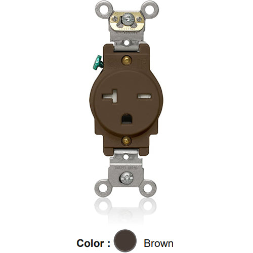 Leviton T5461, Tamper-Resistant Standard Straight Blade Single Receptacle, Heavy-Duty Industrial Specification Grade, Smooth Face, 20A 250V, NEMA 6-20R, 2-Pole, 3-Wire, Back and Side Wire, Brown