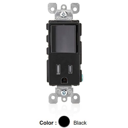 Leviton T5625-E, Decora Single-Pole/5-15R AC Combination Switch, Tamper-Resistant, Commercial Grade, 15 Amp, 120 Volt, Grounding, Side Wired, Black