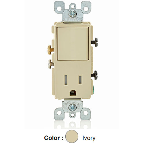 Leviton T5625-I, Decora Single-Pole/5-15R AC Combination Switch, Tamper-Resistant, Commercial Grade, 15 Amp, 120 Volt, Grounding, Side Wired, Ivory