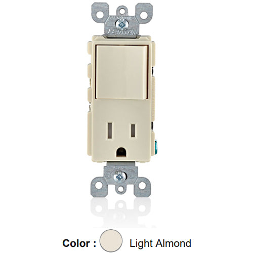 Leviton T5625-T, Decora Single-Pole/5-15R AC Combination Switch, Tamper-Resistant, Commercial Grade, 15 Amp, 120 Volt, Grounding, Side Wired, Light Almond