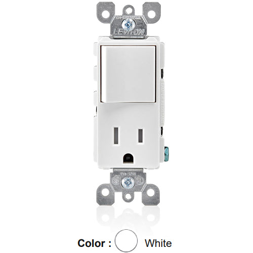 Leviton T5625-W, Decora Single-Pole/5-15R AC Combination Switch, Tamper-Resistant, Commercial Grade, 15 Amp, 120 Volt, Grounding, Side Wired, White