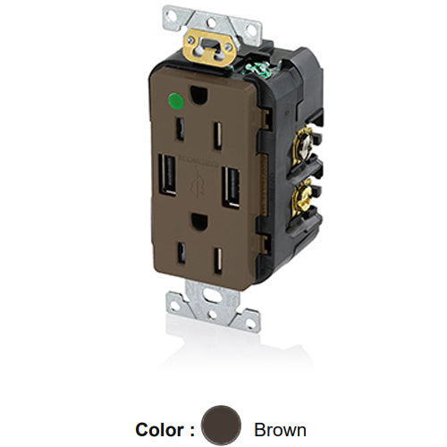Leviton T5632-HG, 18W (3.6A) Dual Type A USB In-Wall Charger with Duplex Tamper-Resistant Receptacle, Heavy-Duty Hospital Grade, Smooth Face, 15A 125V, NEMA 5-15R, 2-Pole, 3-Wire, Self-Grounding, Brown