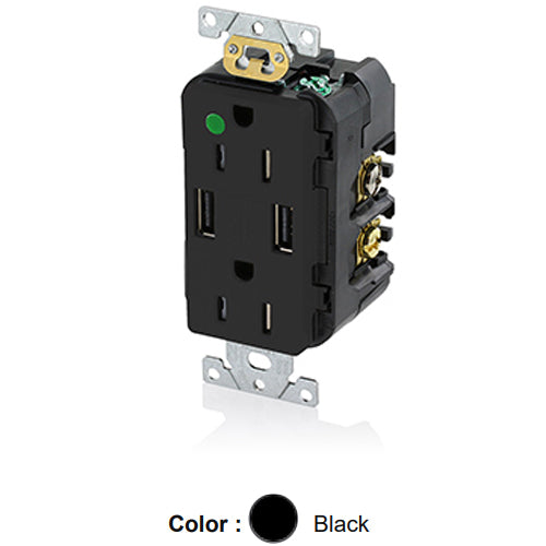Leviton T5632-HGE, 18W (3.6A) Dual Type A USB In-Wall Charger with Duplex Tamper-Resistant Receptacle, Heavy-Duty Hospital Grade, Smooth Face, 15A 125V, NEMA 5-15R, 2-Pole, 3-Wire, Self-Grounding, Black