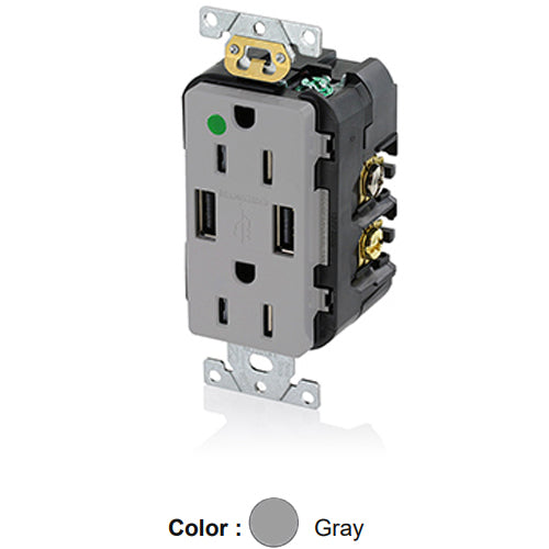 Leviton T5632-HGG, 18W (3.6A) Dual Type A USB In-Wall Charger with Duplex Tamper-Resistant Receptacle, Heavy-Duty Hospital Grade, Smooth Face, 15A 125V, NEMA 5-15R, 2-Pole, 3-Wire, Self-Grounding, Gray