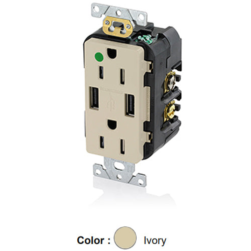 Leviton T5632-HGI, 18W (3.6A) Dual Type A USB In-Wall Charger with Duplex Tamper-Resistant Receptacle, Heavy-Duty Hospital Grade, Smooth Face, 15A 125V, NEMA 5-15R, 2-Pole, 3-Wire, Self-Grounding, Ivory