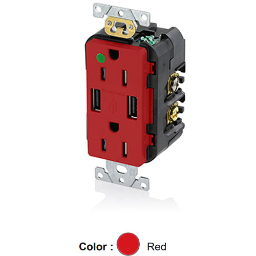 Leviton T5632-HGR, 18W (3.6A) Dual Type A USB In-Wall Charger with Duplex Tamper-Resistant Receptacle, Heavy-Duty Hospital Grade, Smooth Face, 15A 125V, NEMA 5-15R, 2-Pole, 3-Wire, Self-Grounding, Red