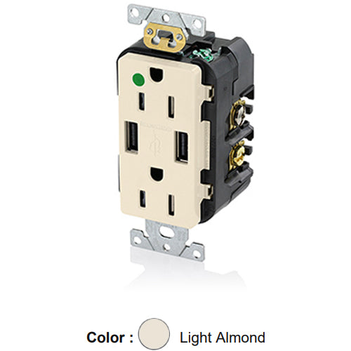 Leviton T5632-HGT, 18W (3.6A) Dual Type A USB In-Wall Charger with Duplex Tamper-Resistant Receptacle, Heavy-Duty Hospital Grade, Smooth Face, 15A 125V, NEMA 5-15R, 2-Pole, 3-Wire, Self-Grounding, Light Almond