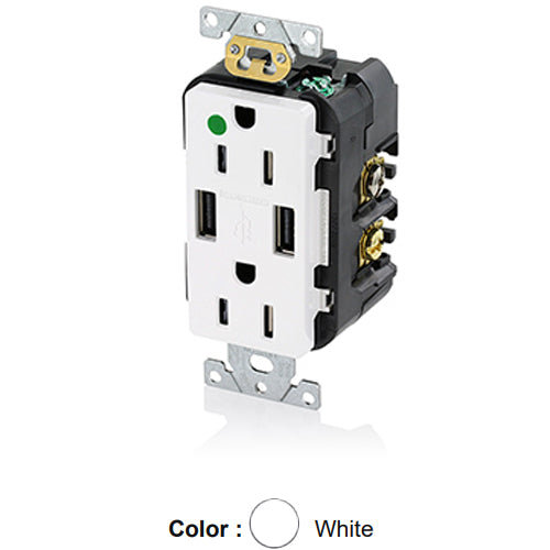 Leviton T5632-HGW, 18W (3.6A) Dual Type A USB In-Wall Charger with Duplex Tamper-Resistant Receptacle, Heavy-Duty Hospital Grade, Smooth Face, 15A 125V, NEMA 5-15R, 2-Pole, 3-Wire, Self-Grounding, White