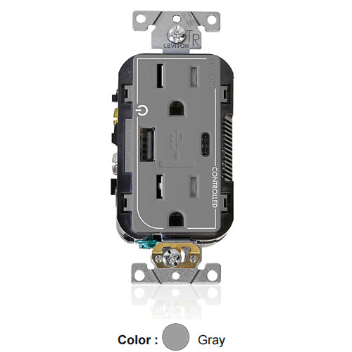 Leviton T5633-2GY, Dual Marked ''Controlled'' Tamper-Resistant USB Straight Blade Receptacle, Type A/C, Commercial Specification Grade, 15A 125V, NEMA 5-15R, 2-Pole, 3-Wire, Gray