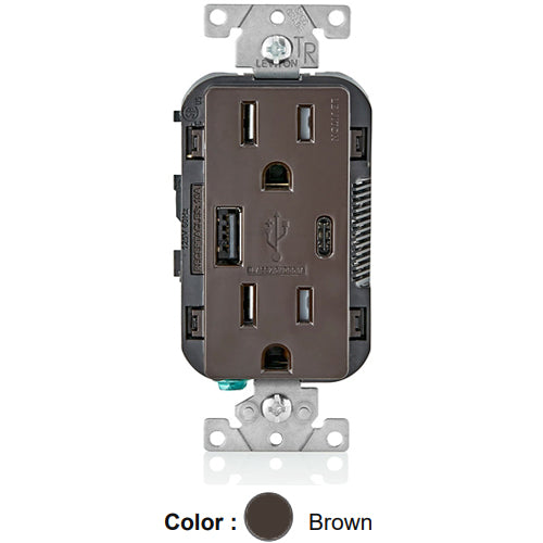 Leviton T5633-B, 25+W (5.1 A) Dual Type A/C USB In-Wall Charger with Duplex Tamper-Resistant Receptacle, 15A 125V, Grounding, Back & Side Wired, Brown
