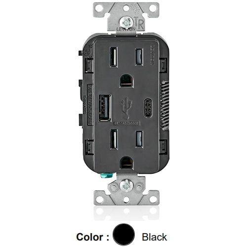Leviton T5633-E, 25+W (5.1 A) Dual Type A/C USB In-Wall Charger with Duplex Tamper-Resistant Receptacle, 15A 125V, Grounding, Back & Side Wired, Black