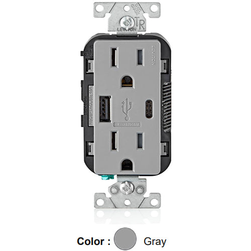 Leviton T5633-GY, 25+W (5.1 A) Dual Type A/C USB In-Wall Charger with Duplex Tamper-Resistant Receptacle, 15A 125V, Grounding, Back & Side Wired, Gray