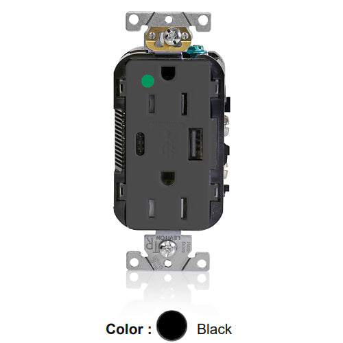 Leviton T5633-HGE, Decora Plus Straight Blade Duplex Receptacle with USB, Heavy-Duty Hospital Grade, One Type A & One Type C USB Port (5.1 Amp), Smooth Face, Tamper-Resistant, 15A 125V, NEMA 5-15R, 2-Pole, 3-Wire, Black