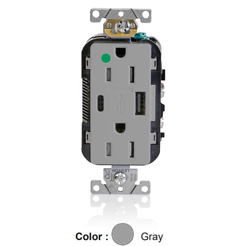 Leviton T5633-HGG, Decora Plus Straight Blade Duplex Receptacle with USB, Heavy-Duty Hospital Grade, One Type A & One Type C USB Port (5.1 Amp), Smooth Face, Tamper-Resistant, 15A 125V, NEMA 5-15R, 2-Pole, 3-Wire, Gray