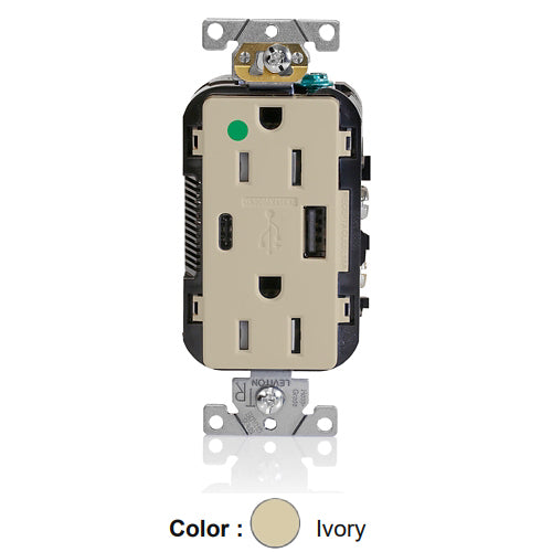 Leviton T5633-HGI, Decora Plus Straight Blade Duplex Receptacle with USB, Heavy-Duty Hospital Grade, One Type A & One Type C USB Port (5.1 Amp), Smooth Face, Tamper-Resistant, 15A 125V, NEMA 5-15R, 2-Pole, 3-Wire, Ivory