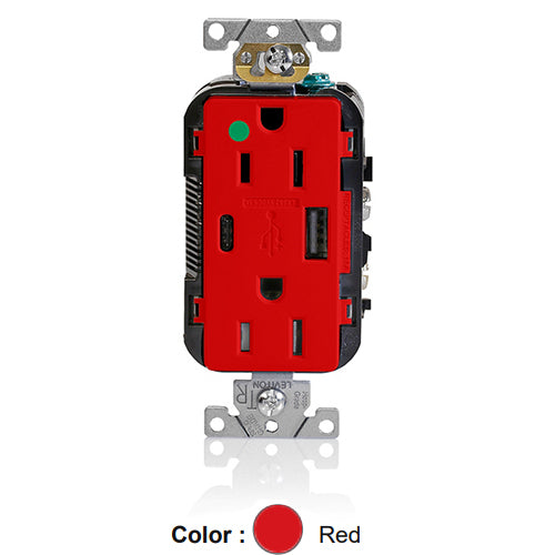 Leviton T5633-HGR, Decora Plus Straight Blade Duplex Receptacle with USB, Heavy-Duty Hospital Grade, One Type A & One Type C USB Port (5.1 Amp), Smooth Face, Tamper-Resistant, 15A 125V, NEMA 5-15R, 2-Pole, 3-Wire, Red