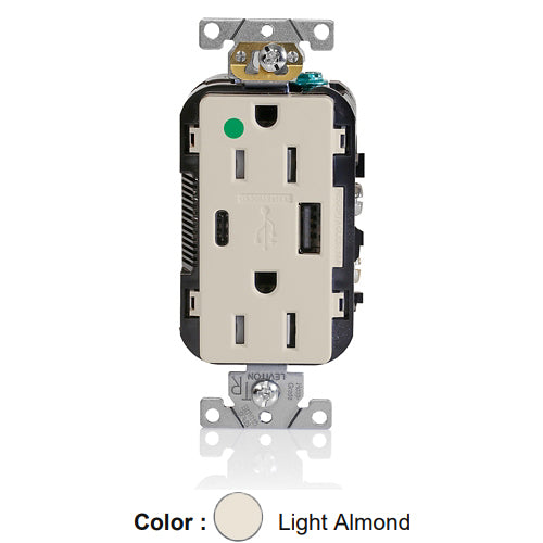 Leviton T5633-HGT, Decora Plus Straight Blade Duplex Receptacle with USB, Heavy-Duty Hospital Grade, One Type A & One Type C USB Port (5.1 Amp), Smooth Face, Tamper-Resistant, 15A 125V, NEMA 5-15R, 2-Pole, 3-Wire, Light Almond