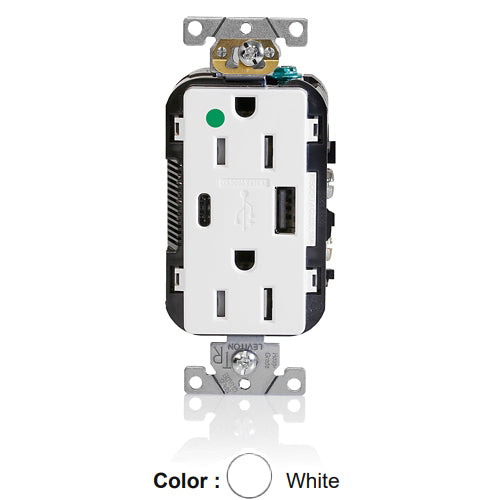 Leviton T5633-HGW, Decora Plus Straight Blade Duplex Receptacle with USB, Heavy-Duty Hospital Grade, One Type A & One Type C USB Port (5.1 Amp), Smooth Face, Tamper-Resistant, 15A 125V, NEMA 5-15R, 2-Pole, 3-Wire, White