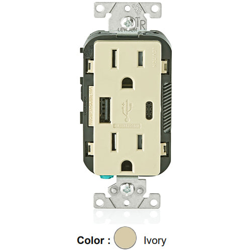 Leviton T5633-I, 25+W (5.1 A) Dual Type A/C USB In-Wall Charger with Duplex Tamper-Resistant Receptacle, 15A 125V, Grounding, Back & Side Wired, Ivory