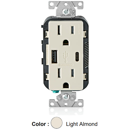 Leviton T5633-T, 25+W (5.1 A) Dual Type A/C USB In-Wall Charger with Duplex Tamper-Resistant Receptacle, 15A 125V, Grounding, Back & Side Wired, Light Almond