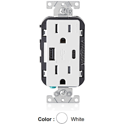 Leviton T5633-W, 25+W (5.1 A) Dual Type A/C USB In-Wall Charger with Duplex Tamper-Resistant Receptacle, 15A 125V, Grounding, Back & Side Wired, White