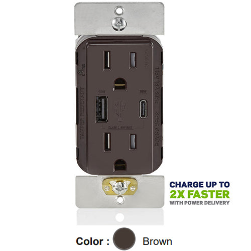Leviton T5634-B, 60W (20V@2.5A+ 5V@2A) Dual Type A/C USB Power Delivery (PD) In-Wall Charger with Duplex Tamper-Resistant Receptacle, 15A 125V, Grounding, Wire Leads, Brown
