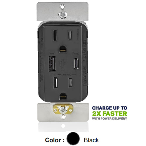 Leviton T5634-E, 60W (20V@2.5A+ 5V@2A) Dual Type A/C USB Power Delivery (PD) In-Wall Charger with Duplex Tamper-Resistant Receptacle, 15A 125V, Grounding, Wire Leads, Black