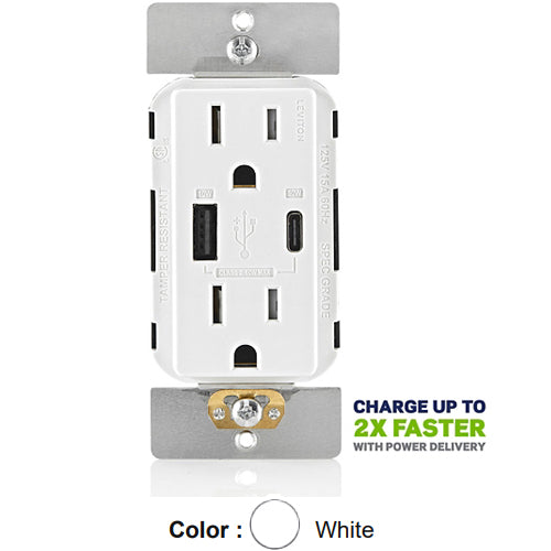 Leviton T5634-W, 60W (20V@2.5A+ 5V@2A) Dual Type A/C USB Power Delivery (PD) In-Wall Charger with Duplex Tamper-Resistant Receptacle, 15A 125V, Grounding, Wire Leads, White
