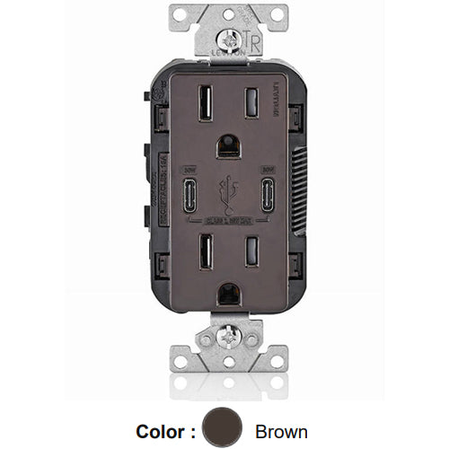 Leviton T5635-B, 30W (6A) Dual Type-C USB Power Delivery (PD) In-Wall Charger with Duplex Tamper-Resistant Receptacle, 15A 125V, Grounding, Back & Side Wired, Brown