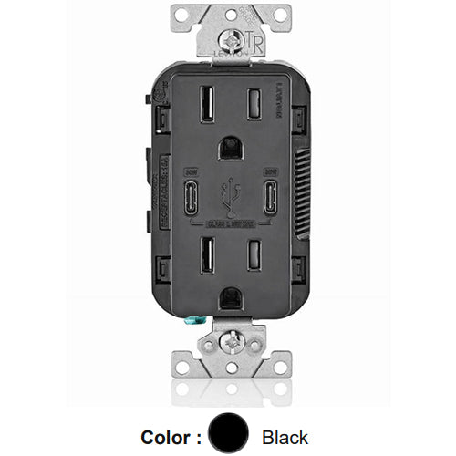 Leviton T5635-E, 30W (6A) Dual Type-C USB Power Delivery (PD) In-Wall Charger with Duplex Tamper-Resistant Receptacle, 15A 125V, Grounding, Back & Side Wired, Black