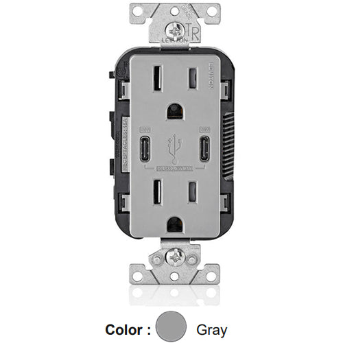 Leviton T5635-G, 30W (6A) Dual Type-C USB Power Delivery (PD) In-Wall Charger with Duplex Tamper-Resistant Receptacle, 15A 125V, Grounding, Back & Side Wired, Gray
