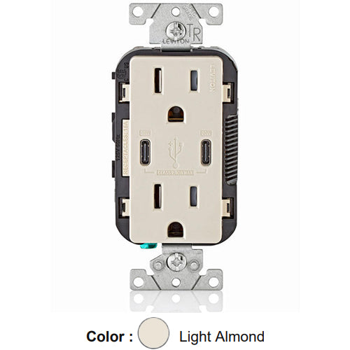 Leviton T5635-T, 30W (6A) Dual Type-C USB Power Delivery (PD) In-Wall Charger with Duplex Tamper-Resistant Receptacle, 15A 125V, Grounding, Back & Side Wired, Light Almond