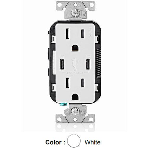 Leviton T5635-W, 30W (6A) Dual Type-C USB Power Delivery (PD) In-Wall Charger with Duplex Tamper-Resistant Receptacle, 15A 125V, Grounding, Back & Side Wired, White